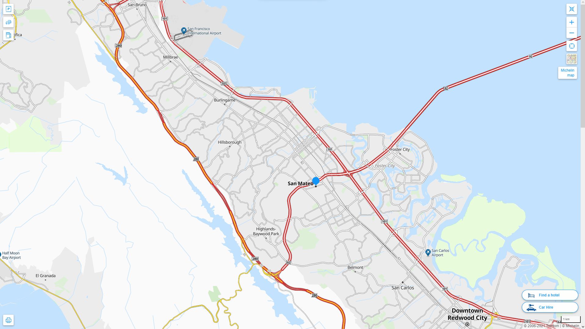 San Mateo California Highway and Road Map